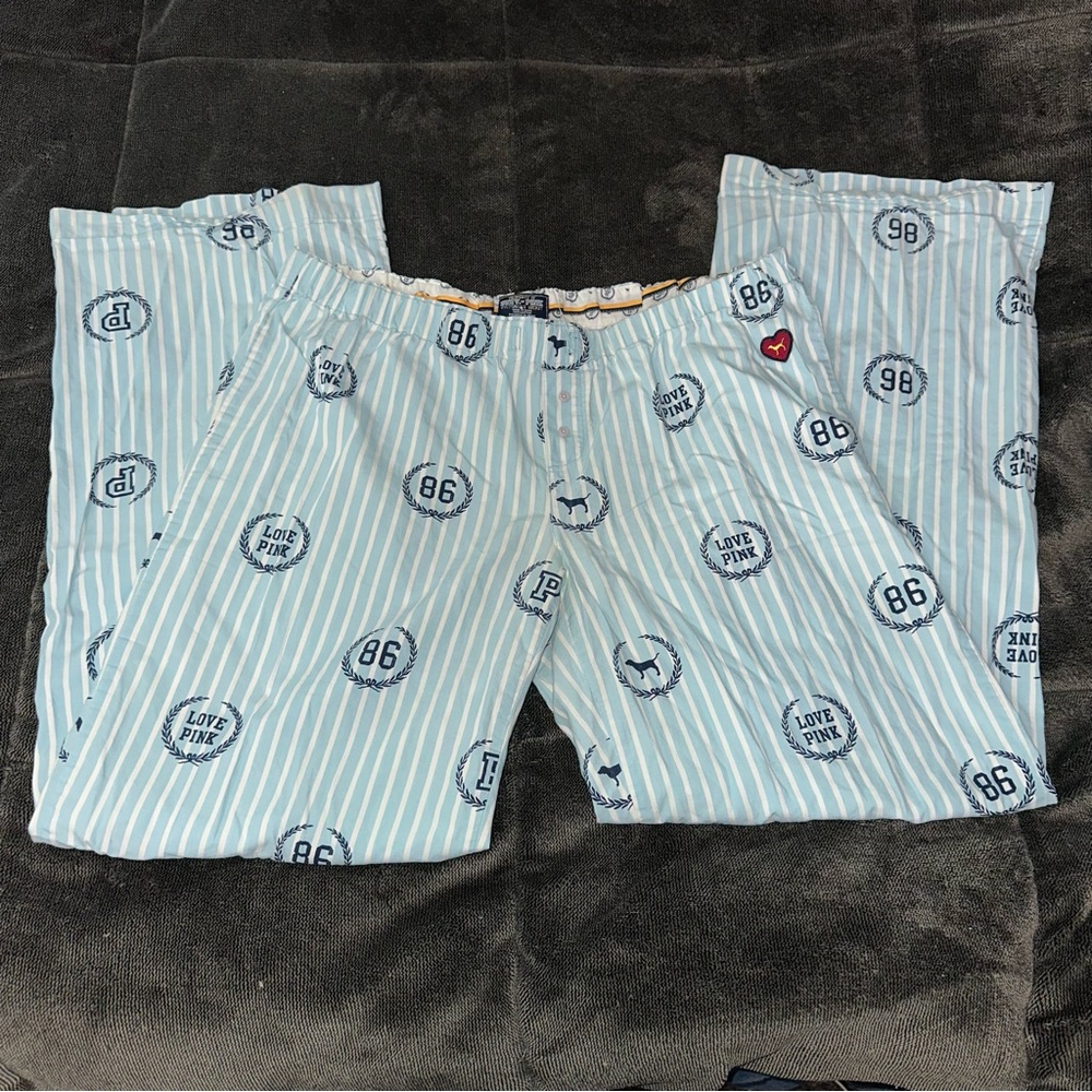 Y2K VS PINK University Of Pink Blue Pinstriped Pajama Pants with Heart Patch